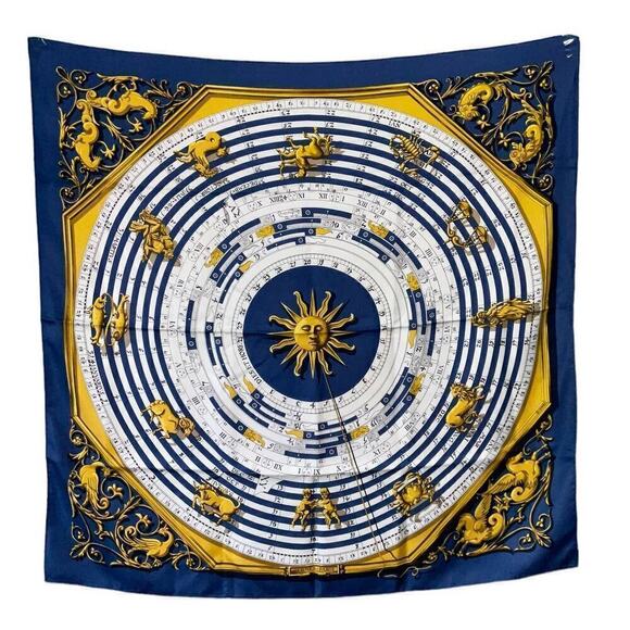 Vintage Hermès silk scarf Dies Et Hore Horoscope By Facconet Navy Blue Gold - Picture 1 of 15